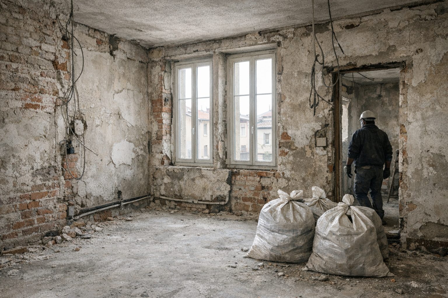 Appartement ancien mis à nu : murs en briques et plâtre décapés, revêtement de sol retiré, sacs de gravats près de la porte
