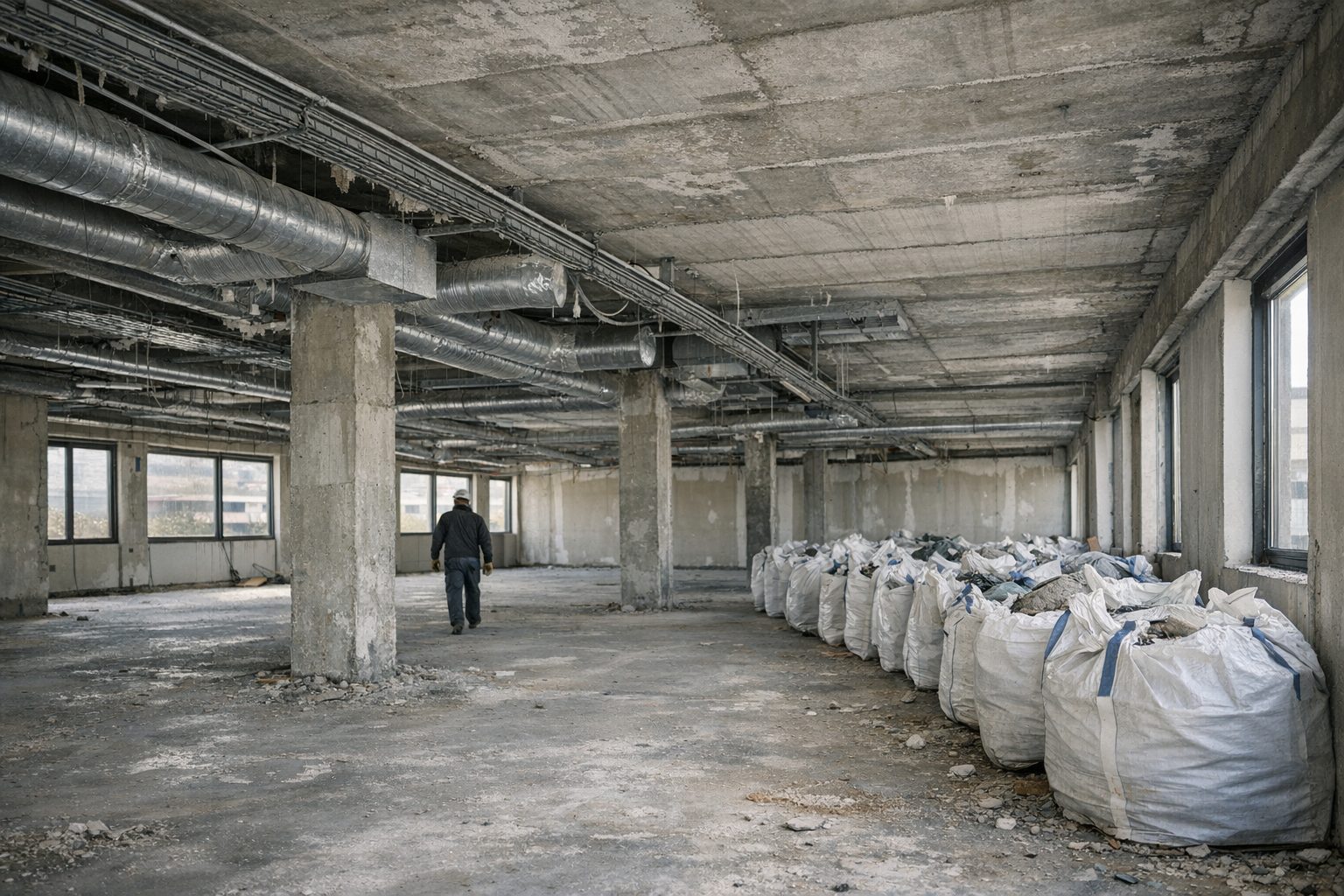 Plateau de bureaux curé : faux plafond retiré, gaines de ventilation et dalle béton apparentes, big-bags de déchets alignés le long des fenêtres