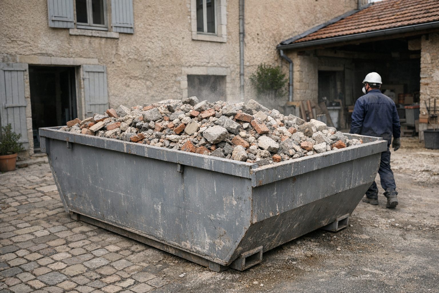 Benne métallique remplie de gravats dans la cour pavée d’un bâtiment ancien