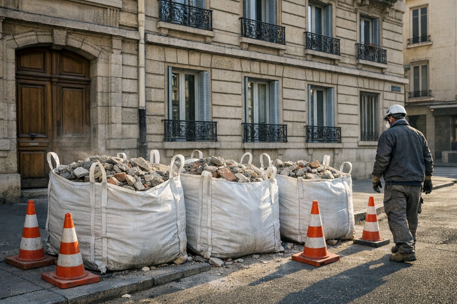 Big-bags remplis de gravats alignés devant un immeuble ancien, balisés par des cônes de chantier