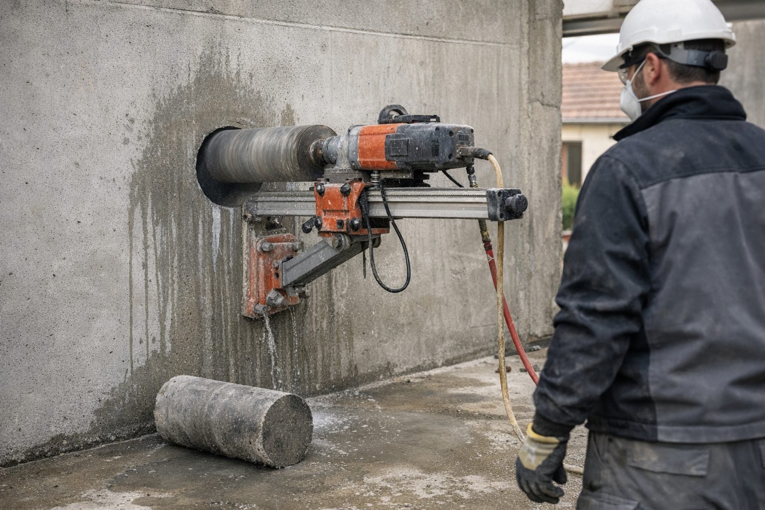 Carotteuse fixée sur un mur en béton, carotte cylindrique extraite posée au sol, opérateur casqué et masqué