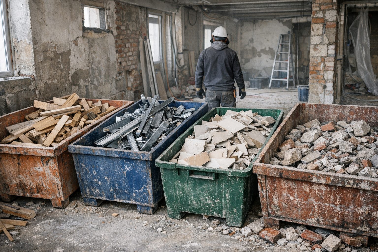 Déchets de chantier triés dans des bacs séparés : bois, métal, plâtre et gravats minéraux
